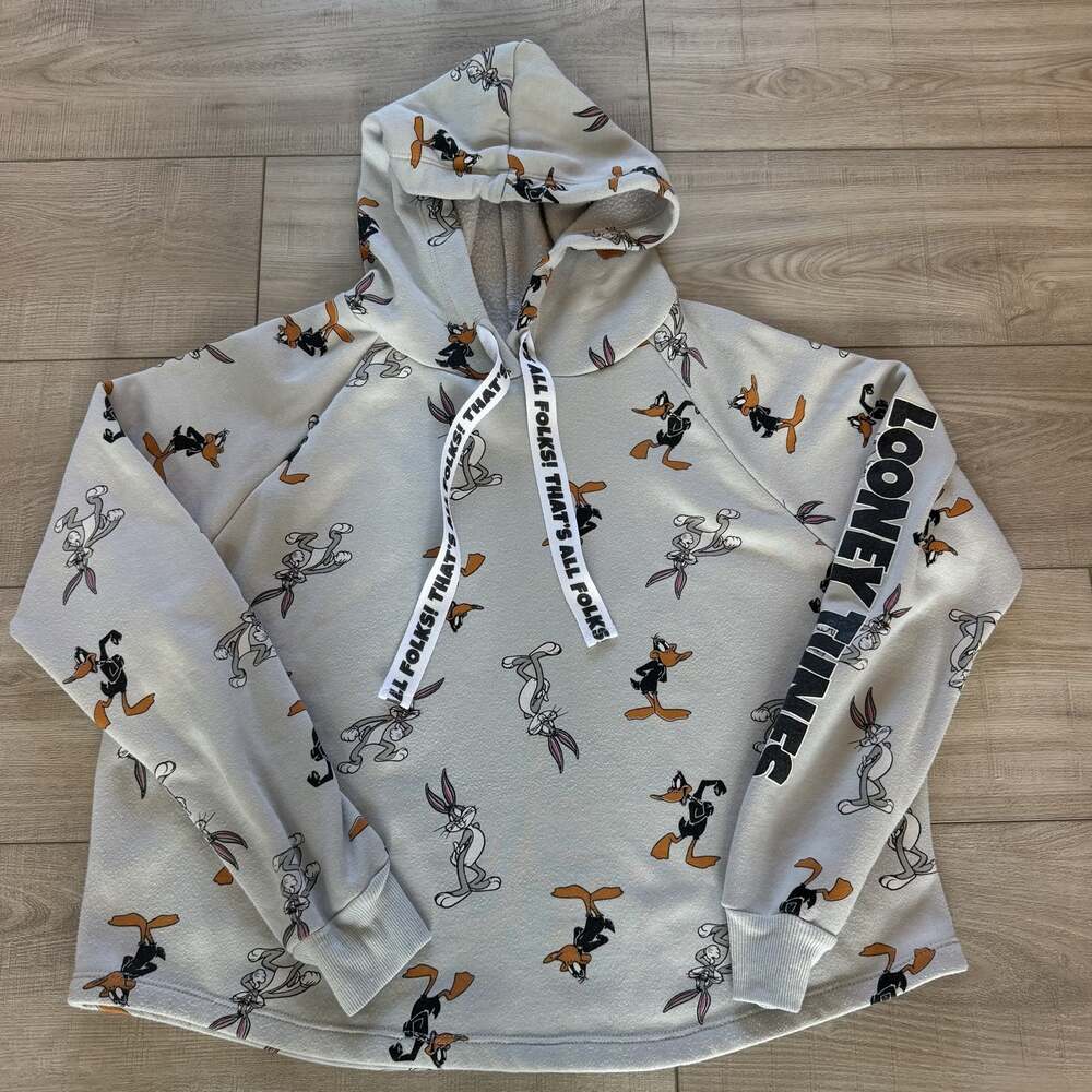 Looney Tunes Womens L Cream Hoodie All Over Bugs